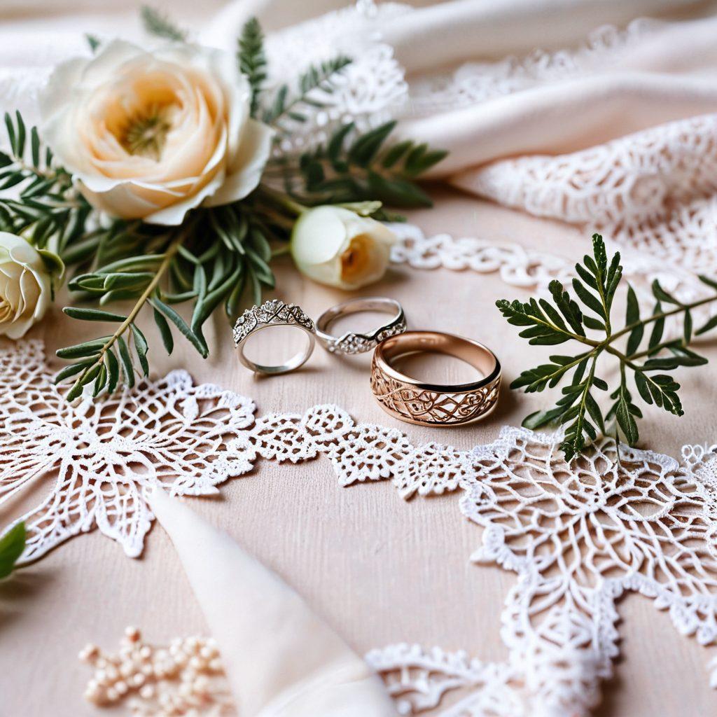 A delicate arrangement of elegant minimal and dainty rings displayed on a soft pastel fabric background. Accompanying the rings, a few sprigs of greenery and a light, airy lace doily to enhance the feeling of sophistication. Subtle glimmers of light reflecting off the rings, showcasing their intricate designs. The overall composition is inviting and chic, perfect for highlighting the allure of these accessories. soft focus. pastel color palette. elegant aesthetic.
