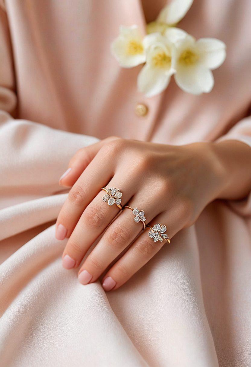 A collection of minimal and dainty rings displayed elegantly on a soft velvet surface, surrounded by delicate flowers and soft lighting that creates a warm ambiance. Include a gentle hand reaching for one of the rings, showcasing elegance and simplicity. The setting should evoke a sense of refined beauty and versatility for different occasions. super-realistic. soft colors. warm lighting.