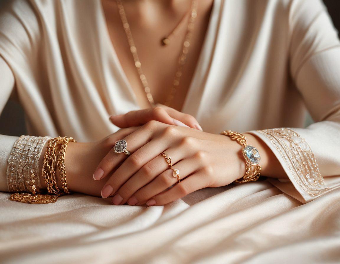 A close-up shot of elegantly styled hands adorned with subtle yet stunning jewelry, showcasing rings, bracelets, and delicate necklaces. The background features a blend of everyday and luxurious elements, like a simple outfit contrasted against a rich fabric drape. Soft, natural lighting accentuates the shine of the jewelry while maintaining an intimate, inviting atmosphere. Elegant typography overlays the image with the blog title. super-realistic. vibrant colors. soft focus.